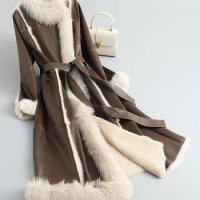 fur integrated coat for women's mid length 2023 winter Haining fur slim fit genuine leather rabbit fur coat