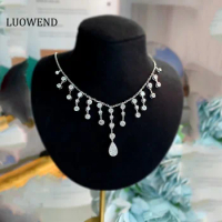 LUOWEND 18K White Gold Necklace Fashion Tassel Design Real Natural Diamond Pendant Luxury Necklace for Women