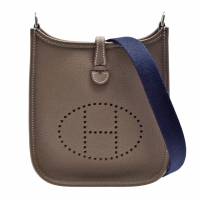 【Hermes 愛馬仕】經典Evelyne系列小牛皮鏤空洞H LOGO銀扣肩背包(迷你-錫灰H069426CK-ETAIN-BLUE)
