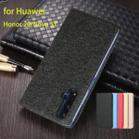Silk Style Shine Pu Leather Case for Huawei Nova 5T / Huawei Honor 20 Flip Case Magnetic Adsorption Frosted Touch Cover +Lanyard