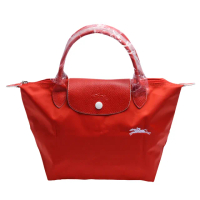 【LONGCHAMP】經典LE PLIAGE刺繡暗釦/拉鍊短提把尼龍水餃包(小-朱紅色1621619-P20)