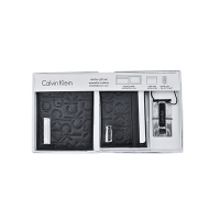 Calvin Klein黑色浮雕皮革雙折證件短夾/名片夾/鈔票夾三件式禮盒組 (展示品)