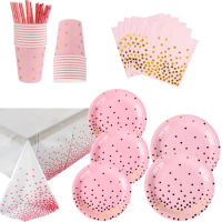 Pink Gold Dot paper Plate Cup Napkins Straws Disposable Tableware for Birthday Party Decoration girl Wedding Home Party Supplies