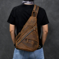 Single Shoulder Bagpack Genuine Leather Chest Bag Outdoor Riding Bag Chest Packs For Biker Men Male Sling Bags Cow Leather L51