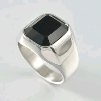 Cincin Titanium Square Black Onyx Gemstone Silver Pria Mewah Keren Anti Karat - Ukuran 7/8/9/10
