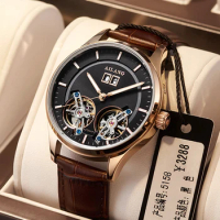 AILANG Business Men Automatic Mechanical Watch Luxury Rose Gold Case Calendar Waterproof Double Tourbillon Watches часы мужские