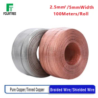 100Meters Copper Tinned Bare Ground Braid Lead WIre Signal Shielded Cable Conductive Tape High Flexibility 5mmWidth 2.5mm2