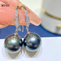 KUGG PEARL 18K White Gold Earrings 10-11mm Natural Tahitian Black Pearl Hoop Earrings Elegant INS Style High Jewelry for Women