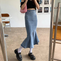 Newlan QZ049 Rok denim slit stretch/ span panjang ||Hyuna Denim Skrit /Rok Jeans /Maxi Skrit /Rok Ma