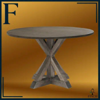 Finch Alfred Round Solid Wood Country Dining Table, Wooden Stand Base, 46.5" Wide Round Table Top, Distressed Brown