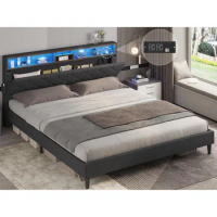 Queen Bed Frame, Platform Bed Frame Queen Size with Storage Shelves and Charging Station, Easy Assembly, Bed Frame