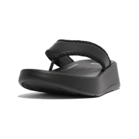 【FitFlop】F-MODE CROCHET-STITCH LEATHER FLATFORM TOE-THONGS編織皮革造型夾腳涼鞋-女(靓黑色)