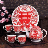 Chinese Tea Gift Set Service Porcelain Tea Pot Cups Tray For Newlywed Tea Ceremony Wedding Party Home Decor Double Happiness