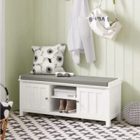 White Storage Bench with 2 Doors Shelf &amp; Removable Seat Cushion Shoe Cabinet Shoe Bench