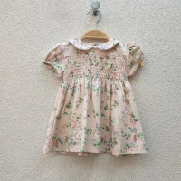 Smocked Dress Bunga Shabby Pink Kerah Collar