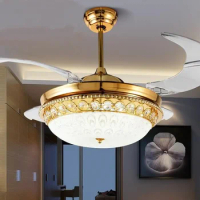 Luxury Crystal Ceiling Fan Light Invisible For Restaurant Living Room Remote Control Fan Light 42 Inch Gold Color Fans Lamp