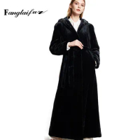 Ftangaiur Import Velvet Mink Fur Coat Long Sleeve Mink Coats With Fur Hood Sashes Elegant mystery Black X-Long Mink Fur Coats
