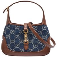 GUCCI 經典Jackie 1961 GG牛仔牛皮飾邊手提/斜背包(藍/咖啡色)