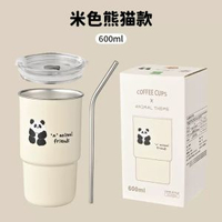 304不銹鋼熊貓咖啡飲管杯車載便攜隨行水杯帶蓋竹節杯高顏值杯子 600m