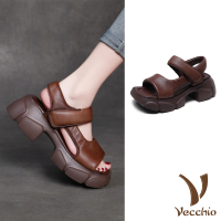 【Vecchio】真皮涼鞋 厚底涼鞋/真皮頭層牛皮復古方頭幾何設計厚底涼鞋(棕)