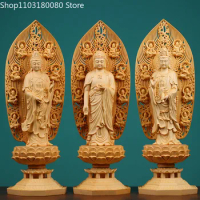 43cm Cypress carving Guanyin Amitabha Mahasthamaprapta Bodhisattva stand Lotus Buddha statue Three Saints of the West Large size