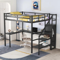 Full Size Loft Bed with L-shaped Desk and USB, Metal Loft Bed with Wardrobe and Adjustable Shelf, High Loft Bed with LED