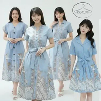Evercloth Ayona Kilian Farina Dress Batik Kancing Biru Pastel Gaun Batik Rok Mekar Terusan Batik Fla