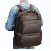 Men's Backpack Crazy Horse Leather Big Capacity Bagpack Fit 17" PC Laptop Waterproof Backpack Man Leather Daypack Travel Bags