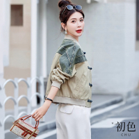 初色 新中式拼接牛仔圓領盤扣長袖短款棒球服夾克休閒外套女外套-杏色-10981(M-3XL可選)