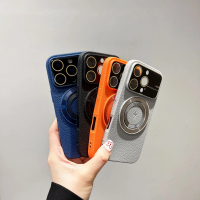 Compatible with New Large Window Plain Leather 17 Pro Max Phone Case Invisible Stand Magnetic 16 Pro