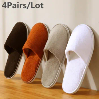 4 Pairs/Lot Mix Colors Coral fleece Men Women Cheap Disposable Hotel Slippers Cotton Slides Home Tra