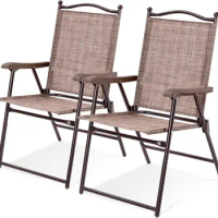 Set of 2 Patio Folding Dining Chairs, Outdoor Sling Lawn Chairs with Armrests, Steel Frame, Portable Camping Lounge Chairs