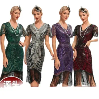 Women 1920S Flapper Retro Prom Embroidered Tassel Dress Great Gatsby Cocktail Party Large Sequin Beaded Mesh Evening Dress