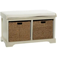 Deco 79 Wood 2 Baskets Storage Bench with Cushion Seat, 34" X 16" X 20", White
