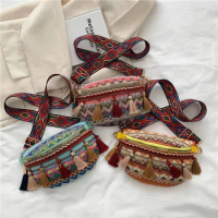 1Pc Female Ethnic Style Waist Bag with Adjustable Strap Variegated Color Fanny Pack with Fringe Decor Crossbody Chest Bag