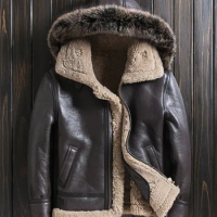 AYUNSUE Winter Jacket Men Nature Hunting Fur Coat Plus Size Genuine Sheepskin Leather Jackets Thick B3 Air Force Flight Suit