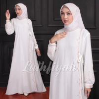 Dress Gamis Abaya Putih Ceruty Model Brukat Belah Wanita Muslim Polos Bunga Putih Hitam Gamis Kombin