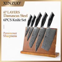 XINZUO 6PCS Kitchen Knives Set Natural Acacia Wood Magnetic Knife Holder VG10 Damascus Best Sharp Cutting Meat Cooking Knife Set