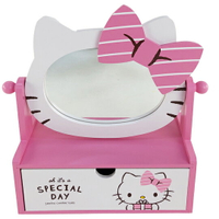 小禮堂 Hello Kitty 造型木質抽屜盒 附鏡 化妝鏡盒 收納鏡盒 飾品盒  (粉 大臉)