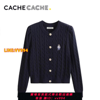 可打統編 CACHE CACHE韓版圓領麻花泡泡袖針織開衫女秋季新款刺繡長袖外套