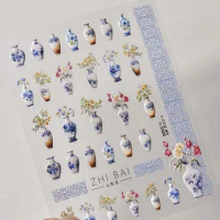 Nail Accessories Chinese Flowers Nail Stickers Nail Charms Manicure Ornaments Porcelain Vase Nail Decals Flower Series