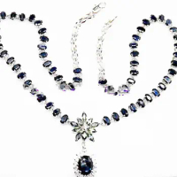 Natural real sapphire luxury party necklace Free shipping 925 sterling silver 0.35ct*60pcs,0.15ct*10pcs,1.55ct*1pc gemstone