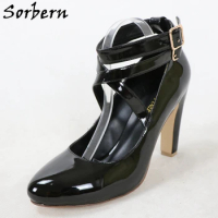Sorbern Black Shiny Cross Strap Women Pump Shoes Block High Heel Ankle Strap Round Toe Large Size 45 46 47 48 Custom Colors