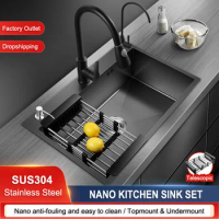 Nano Kitchen Sink Thickened SUS304 Stainless Steel Sink Large Single Slot Undermount Topmount Sink With Faucet Various Sizes