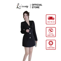 Váy Thiết Kế Dáng Ngắn Tay Dài LECOONG V728 Đầm Đen Đẹp Đính Cúc Đá Sang Chảnh
