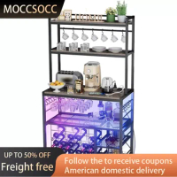 Liquor Cabinet With Glasses Holder Movable Storage Shelf Wine Decoration Wine Bar Cabinet With Outlet and LED Light Bottle Rack