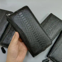 Unisex Classical Black Style Genuine Exotic Skin Men ZIP Clutch Purse Authentic Real True Leather Male Card Holders Long Wallet