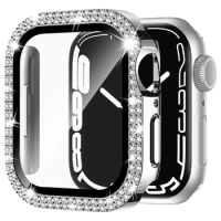 Bling Glass+Cover For Apple Watch Case 45mm 41mm 40mm 44mm 42mm 38mm Diamond bumper+Screen Protector iwatch series 9 4 8 5 6 SE