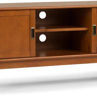 SIMPLIHOME Draper SOLID HARDWOOD 60 Inch Wide Mid Century Modern TV Media Stand in Teak Brown For TVs up to 65 Inches