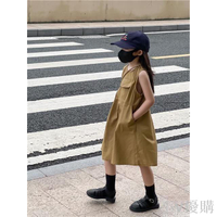 女童夏季韓國風連衣裙2024新款氣質無袖工裝裙兒童卡其色背心裙潮